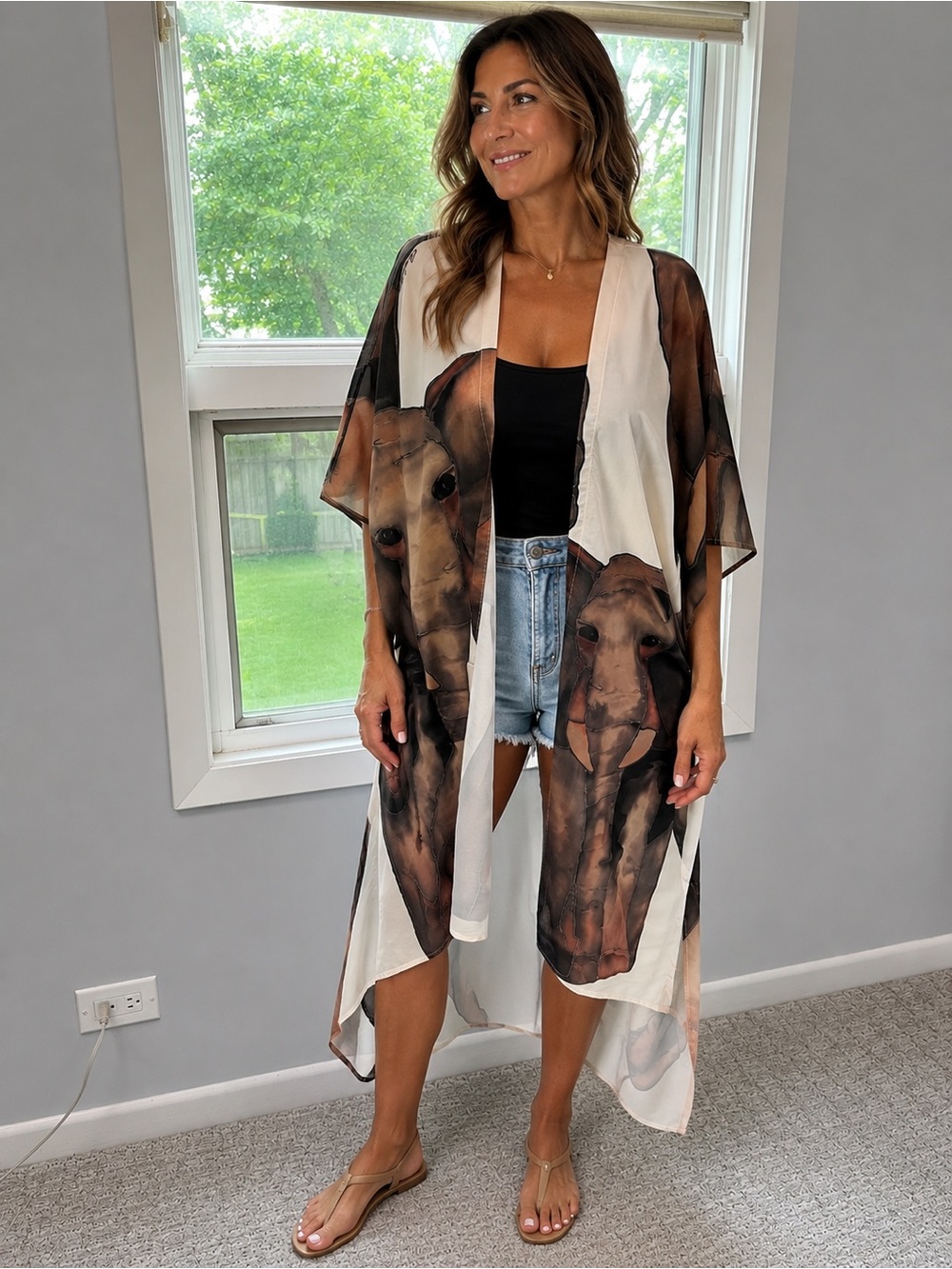 Ramona Larue Elegant Satin Elephant Print Kaftan in Neutral Tones
